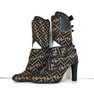 Fendi Lycra Vitello FF Logo Tape Promenade Heeled Boots 38